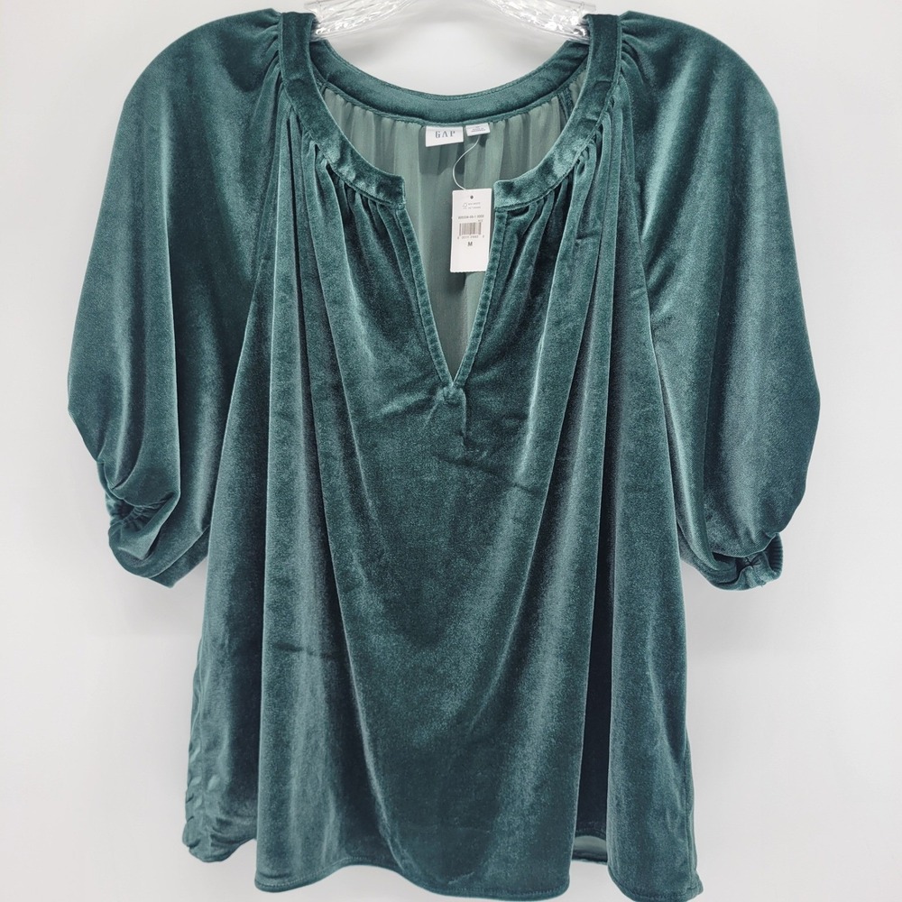 NEW Gap Women Green Velvet Puff Sleeve Renaissance Fair Boho Top Sz M Party